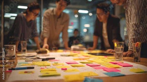 Collaboration and Innovation: A team engages in collaborative brainstorming, surrounded by a vibrant array of sticky notes, papers, and sketches, symbolizing creativity and dynamic teamwork