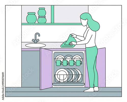 House cleaning and tidying concept, woman unloading clean dishes from dishwasher in modern kitchen, flat line art illustration for cleaning service, manual, infographic and web design