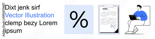 Financial analysis, office work, contracts, digital communication, professional documentation, e-learning. A percentage sign, a signed document and a person on a laptop. Financial analysis