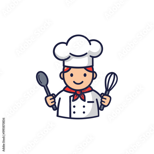 Happy Cartoon Chef Holding Spoon and Whisk, Cooking Concept