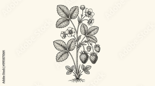 Vintage Botanical Strawberry Plant Engraving Illustration