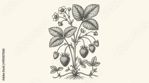 Vintage Botanical Strawberry Plant Illustration Hand Drawn Etching