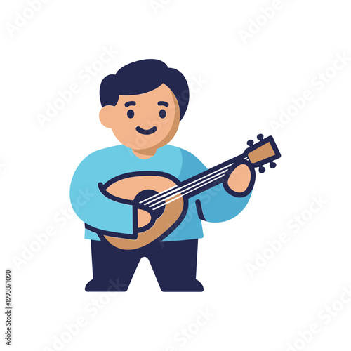 Happy Man Playing Mandolin, Cartoon Character, Music Performance, Folk Instrument