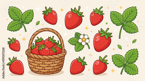Red Strawberry Collection in Wicker Basket Cartoon Illustration
