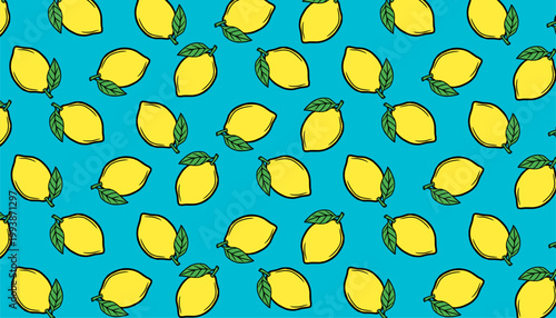 Lemon seamless pattern illustration. Citrus fruit repeat background. Slice outline minimal style. Fresh summer texture design. Food wrapping surface.