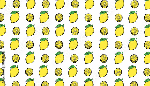 Lemon seamless pattern illustration. Citrus fruit repeat background. Slice outline minimal style. Fresh summer texture design. Food wrapping surface.