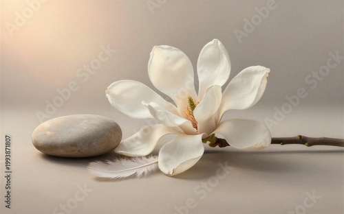 White magnolia blooms beside a smooth stone evoking peace and natural