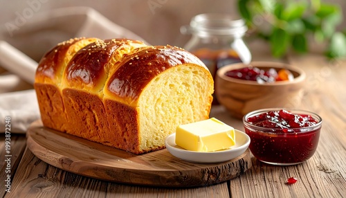 Golden Brioche Delight: A freshly baked brioche loaf, paired with a pat of butter and a side of homemade jam, rests elegantly on a wooden board. The scene is set with an inviting wooden table.