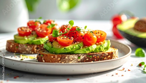 Avocado and Tomato Toast: A delightful close-up shot of two tempting slices of toast, generously topped with creamy avocado, vibrant cherry tomatoes, and a sprinkle of microgreens.