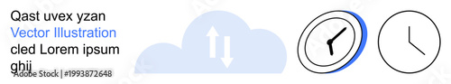 Data transfer, file backup, cloud storage, synchronization, scheduling, technology connection. Minimal background with a cloud symbol, up and down arrows and two clock icons. Cloud storage