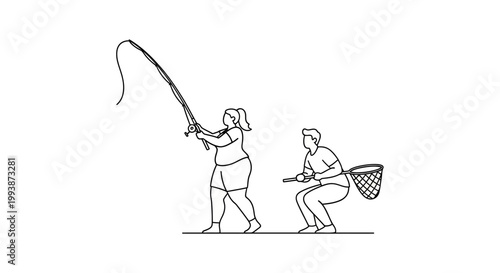 Angler and Assistant Fishing Together in a Simple Line Drawing.