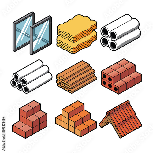 Construction materials are organized in a collection of isometric icons for building design projects.