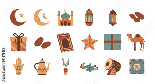 Islamic Holiday Symbols: Ramadan, Eid Icons - Moon, Mosque, Lanterns, Dates, Camel, Gifts