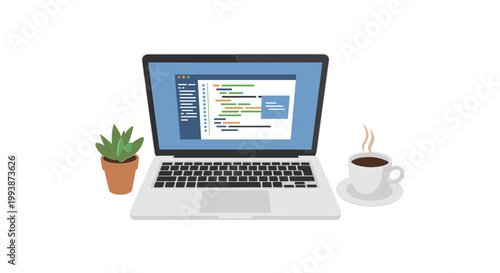 Laptop displaying code, coffee cup, and potted plant on white background
