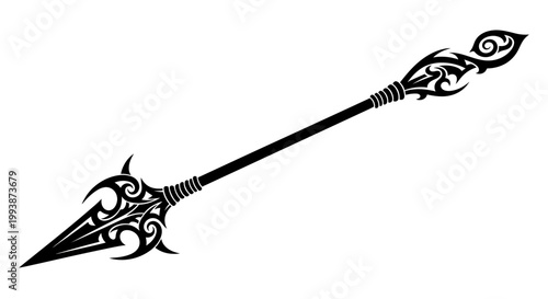 Decorative spear with ornate metalwork details.