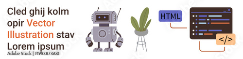 Artificial intelligence, robotics, coding, programming, technology innovation, digital solutions. Robot and plant next to HTML code interface. AI and robotics conceptual theme