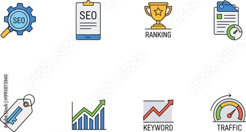 Search engine optimization symbols reveal growth strategies for web.