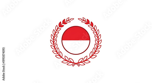 Red and white circular emblem with laurel wreath, symbol of achievement or award, isolated on white