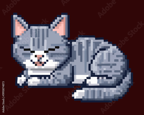 grey tabby cat sleeping in dark pixel art illustration for night time game scenes and cozy pet assets for retro style gaming