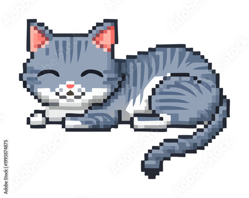 cute sleeping grey kitten pixel art graphic for nursery games and calm animal companion assets for retro style mobile app design projects