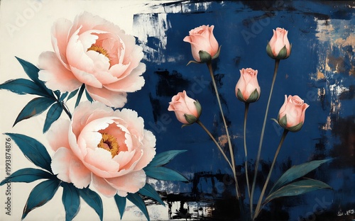 Pink peonies and roses bloom softly against a bold blue abstract