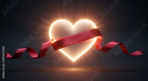 Glowing heart with red ribbon a symbol of love and passion