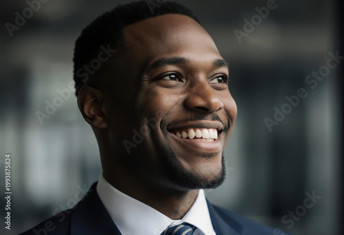 A businessman with Afro American features smiles in a modern office. He wears a suit and tie. The setting has large windows and natural light. He looks confident and happy Generative AI