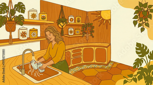Cleaning and house tidying concept, woman washing dishes in cozy retro kitchen interior, boho flat illustration for blog, housekeeping service, poster and web design