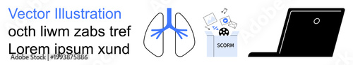 E-learning, content management, digital education, online tools, SCORM files, remote learning. Lungs symbol, SCORM icon with files and laptop. E-learning and content management