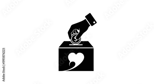 Donation concept hand dropping coin into box with heart symbol isolated