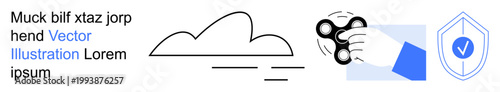 Cloud computing, cybersecurity, data protection, technological innovation, digital security, leisure. Minimalist hand holding a spinner, cloud shape shield with checkmark. Cloud computing