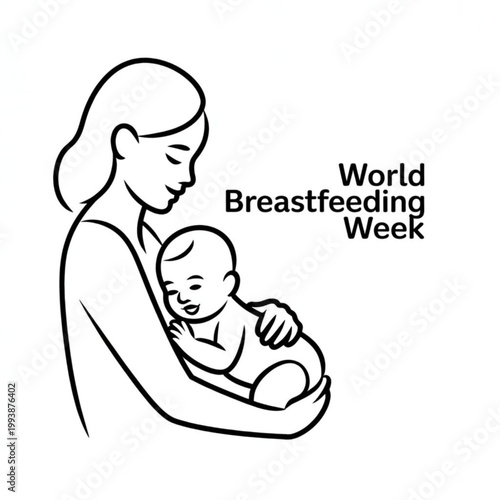 A minimalist line art illustration of a mother breastfeeding her baby for World Breastfeeding Week