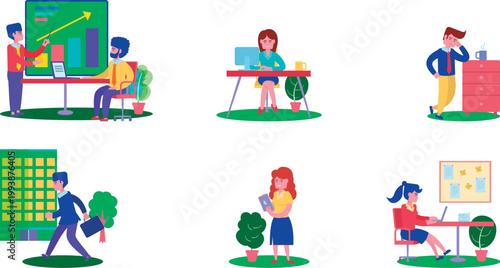 Business people working in office scenes, teamwork, productivity, communication, planning, presentation, analysis, collaboration, corporate workflow, modern workplace illustration