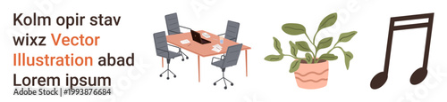 Office setup, interior design, productivity, work environment, greenery, creativity. A workspace with chairs, a table a laptop a plant and a musical note symbol. Office setup and interior design