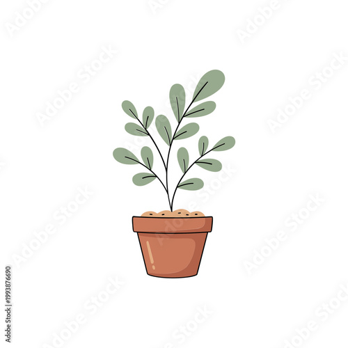 Potted plant with green leaves and brown pot, isolated on white background, simple illustration.