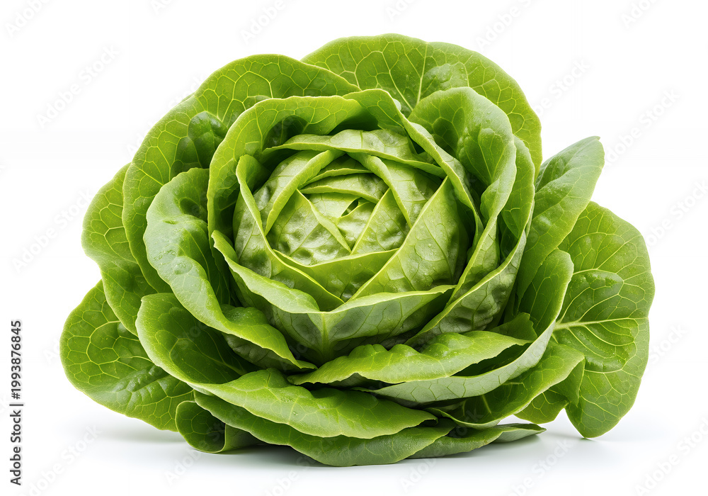 Obraz premium A whole, fresh green butterhead lettuce isolated on a clean white background.
