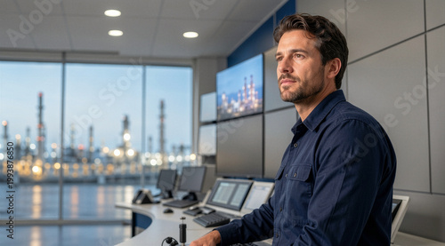 Industrial Control Room Operator Monitoring Oil Refinery Plant with Copy Space