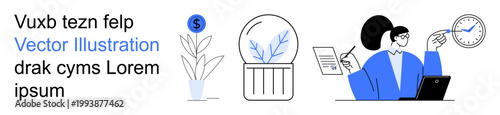 Productivity, finance, sustainability, time management, workflow, decision-making. Illustrated elements of a plant, financial growth analysis and a clock. Productivity and finance concept