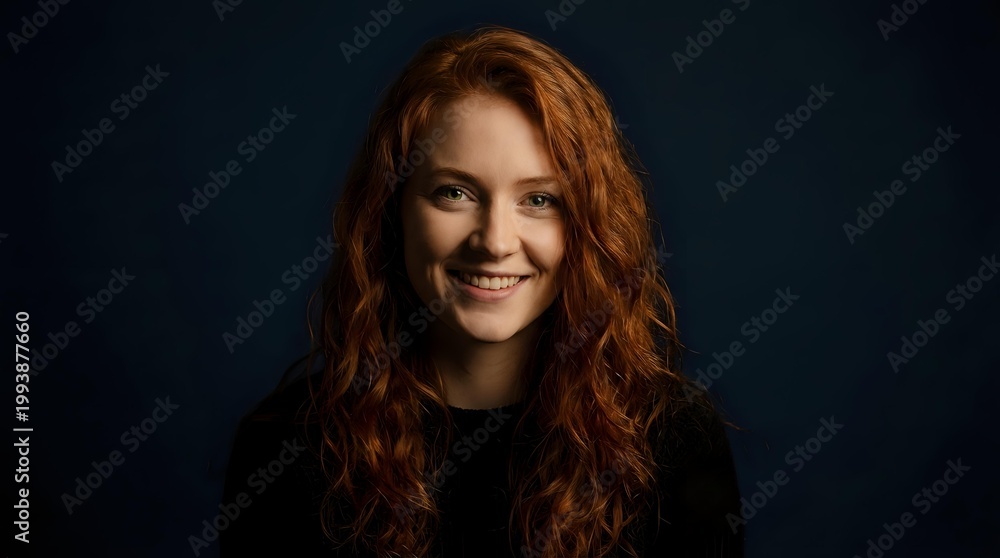 Naklejka premium Portrait of smiling young Caucasian woman with curly red hair against dark background for professional headshot and business photography.