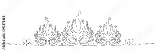Connected line illustration of three sets of Venetian masks, drawing, engraving, ink, line art, vector.