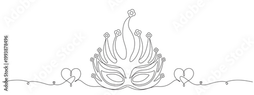 Venetian mask connected line illustration, drawing, engraving, ink, line art, vector.