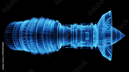 Futuristic jet engine wireframe glowing in blue on black background, advanced aerospace engineering concept, digital turbine blueprint, aircraft propulsion technology, technical in