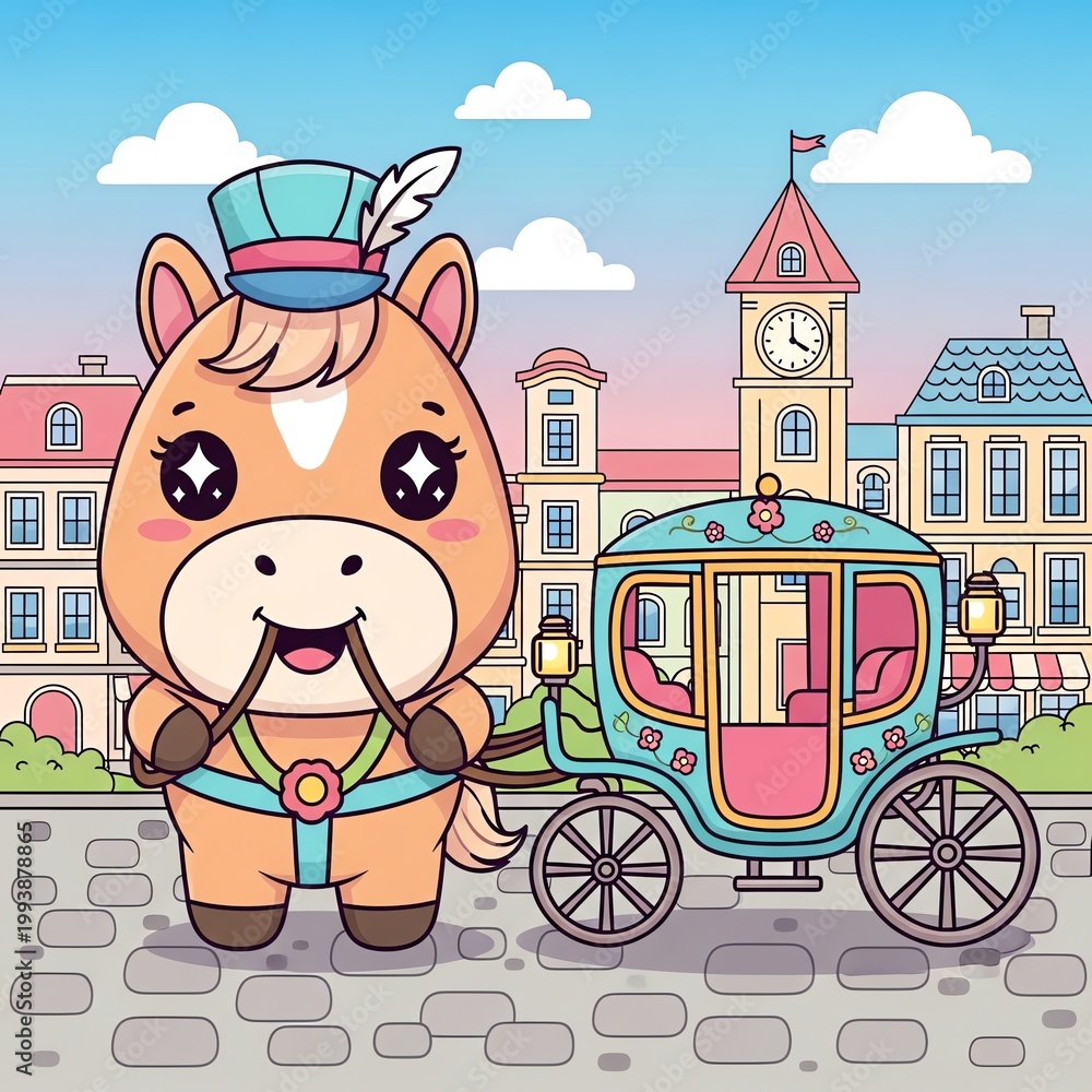 Naklejka premium Cute Cartoon Horse with Carriage in City.