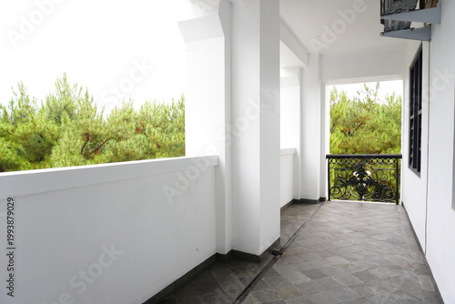 Empty balcony with tiled floor and view of pine trees in the background