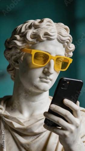 A statue of a man with a modern twist, wearing yellow glasses and holding a phone, blending ancient and contemporary elements.