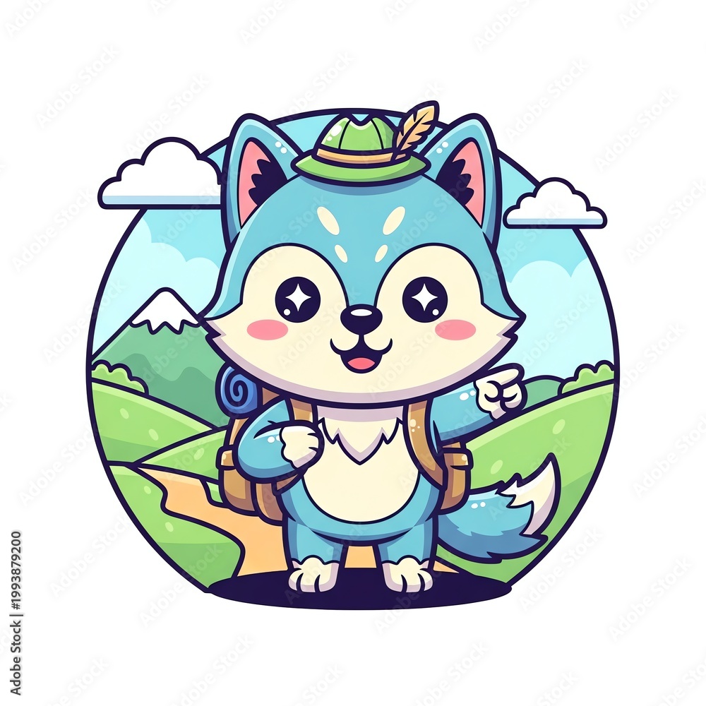 Fototapeta premium Cute Cartoon Wolf Hiker with Backpack and Hat in Mountains.