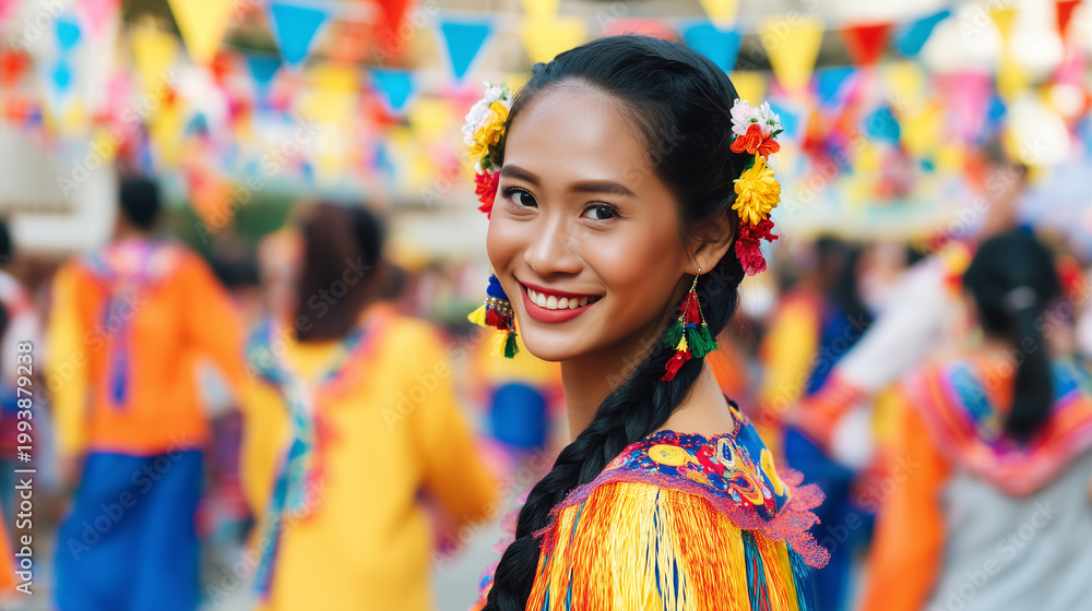 Fototapeta premium Smiling Filipina festival dancer in colorful embroidered costume with floral hair accessories, vibrant Philippine street celebration portrait with festive flags, joyful expression
