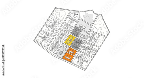 Minimalist Isometric Site Plan of a Residential Housing Development with Highlighted Plots