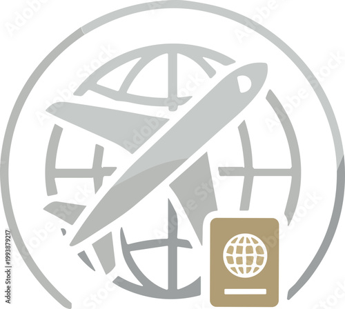 Illustration of an airplane flying around the globe with a passport, representing travel and international journeys