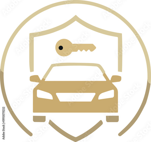 Modern graphic icon illustrating comprehensive vehicle security and automotive protection, featuring a car, shield, and key for digital design assets